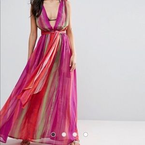 ASOS Beach Rainbow Plunge Pleated Maxi Dress